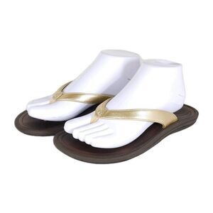 OLUKAI Women's Ho'opio US8 Gold Leather Slip-On Flat Flip Flops Thong Sandals